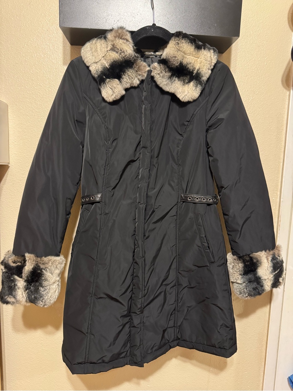 Women's Black Winter Coat with Faux Fur Trim